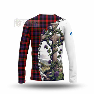 Tartan Vibes Clothing Brown (Broun) Tartan Long Sleeve T-Shirt with Family Crest and St. Andrew's Cross Accented by Thistle Vines