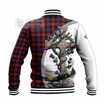 Tartan Vibes Clothing Brown (Broun) Tartan Baseball Jacket with Family Crest and St. Andrew's Cross Accented by Thistle Vines