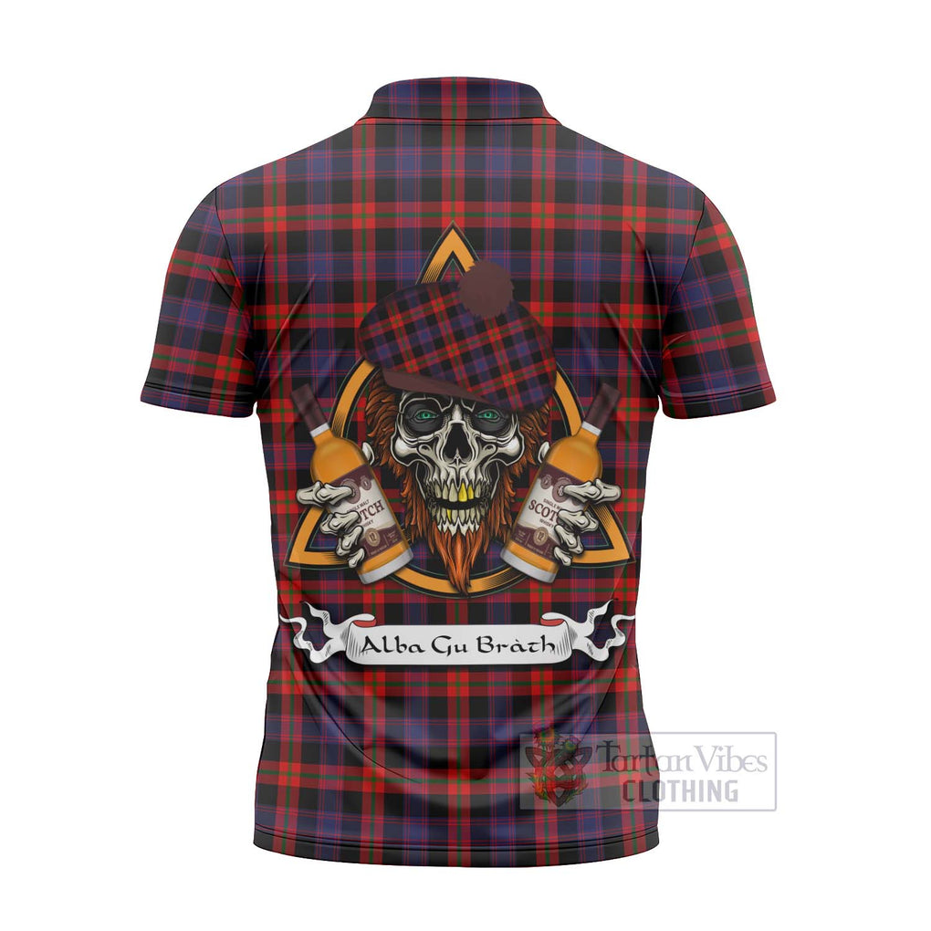 Tartan Vibes Clothing Brown (Broun) Tartan Zipper Polo Shirt with Family Crest and Bearded Skull Holding Bottles of Whiskey