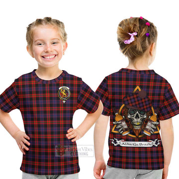 Tartan Vibes Clothing Brown (Broun) Tartan Kid T-Shirt with Family Crest and Bearded Skull Holding Bottles of Whiskey