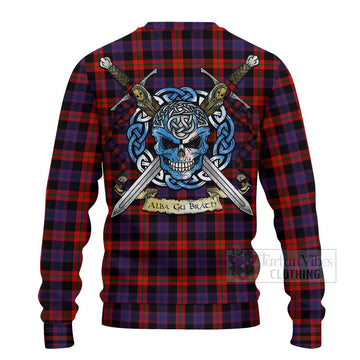 Tartan Vibes Clothing Brown (Broun) Tartan Knitted Sweater with Family Crest Celtic Skull Style