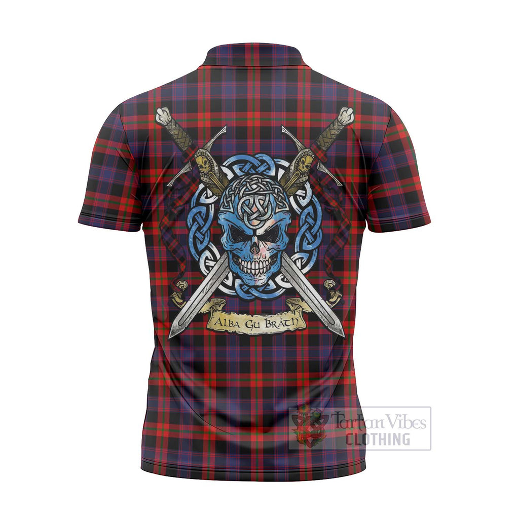 Tartan Vibes Clothing Brown (Broun) Tartan Zipper Polo Shirt with Family Crest Celtic Skull Style