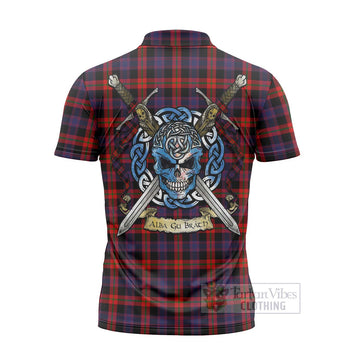 Tartan Vibes Clothing Brown (Broun) Tartan Zipper Polo Shirt with Family Crest Celtic Skull Style