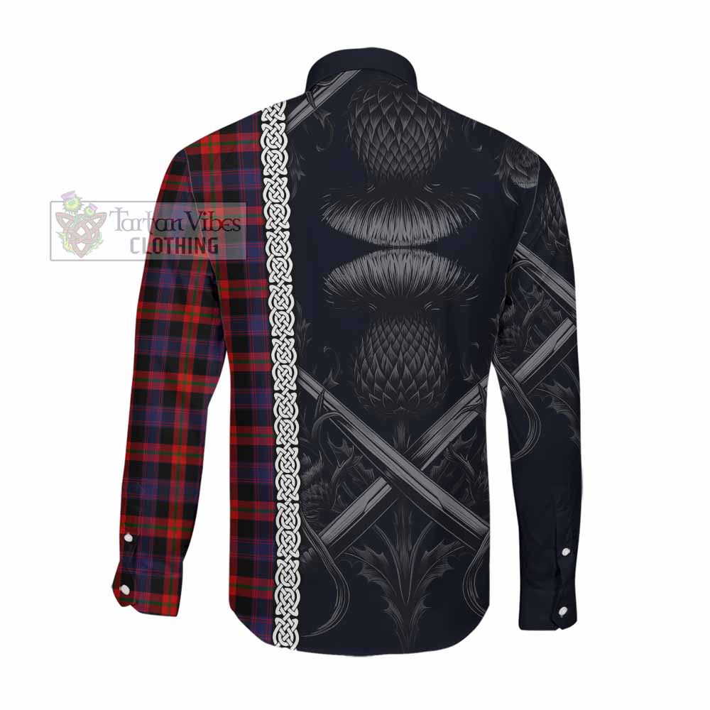 Tartan Vibes Clothing Brown (Broun) Tartan Long Sleeve Button Shirt with Family Crest Cross Sword Thistle Celtic Vibes