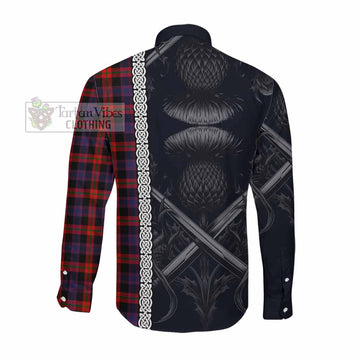 Tartan Vibes Clothing Brown (Broun) Tartan Long Sleeve Button Shirt with Family Crest Cross Sword Thistle Celtic Vibes