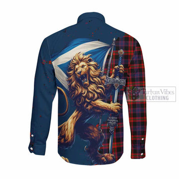 Tartan Vibes Clothing Brown (Broun) Tartan Family Crest Long Sleeve Button Shirt with Scottish Majestic Lion