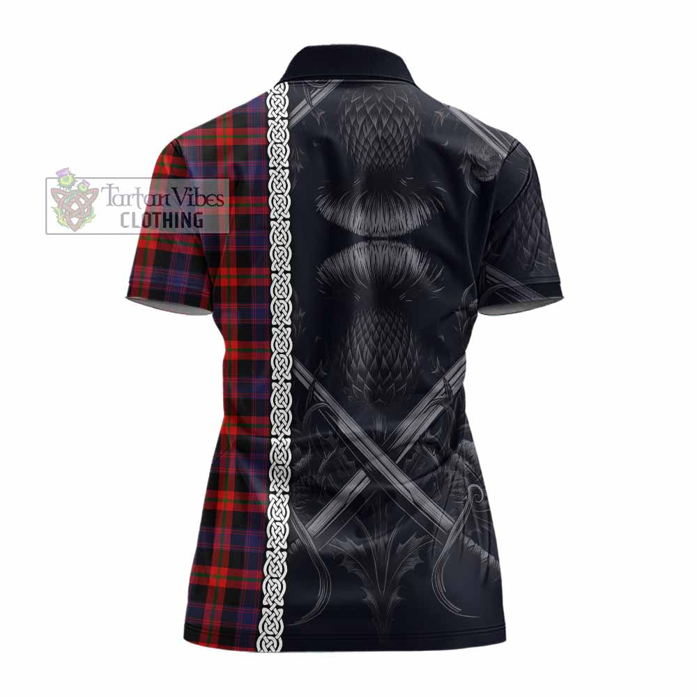 Tartan Vibes Clothing Brown (Broun) Tartan Women's Polo Shirt with Family Crest Cross Sword Thistle Celtic Vibes