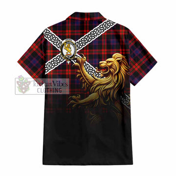 Tartan Vibes Clothing Brown (Broun) Crest Tartan Short Sleeve Button Shirt with Golden Lion Emblem Celtic Style