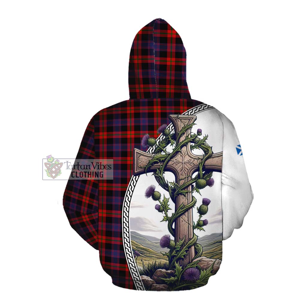 Tartan Vibes Clothing Brown (Broun) Tartan Cotton Hoodie with Family Crest and St. Andrew's Cross Accented by Thistle Vines