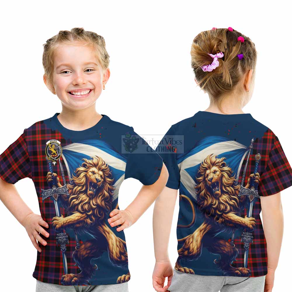 Tartan Vibes Clothing Brown (Broun) Tartan Family Crest Kid T-Shirt with Scottish Majestic Lion