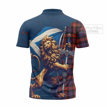 Tartan Vibes Clothing Brown (Broun) Tartan Family Crest Zipper Polo Shirt with Scottish Majestic Lion