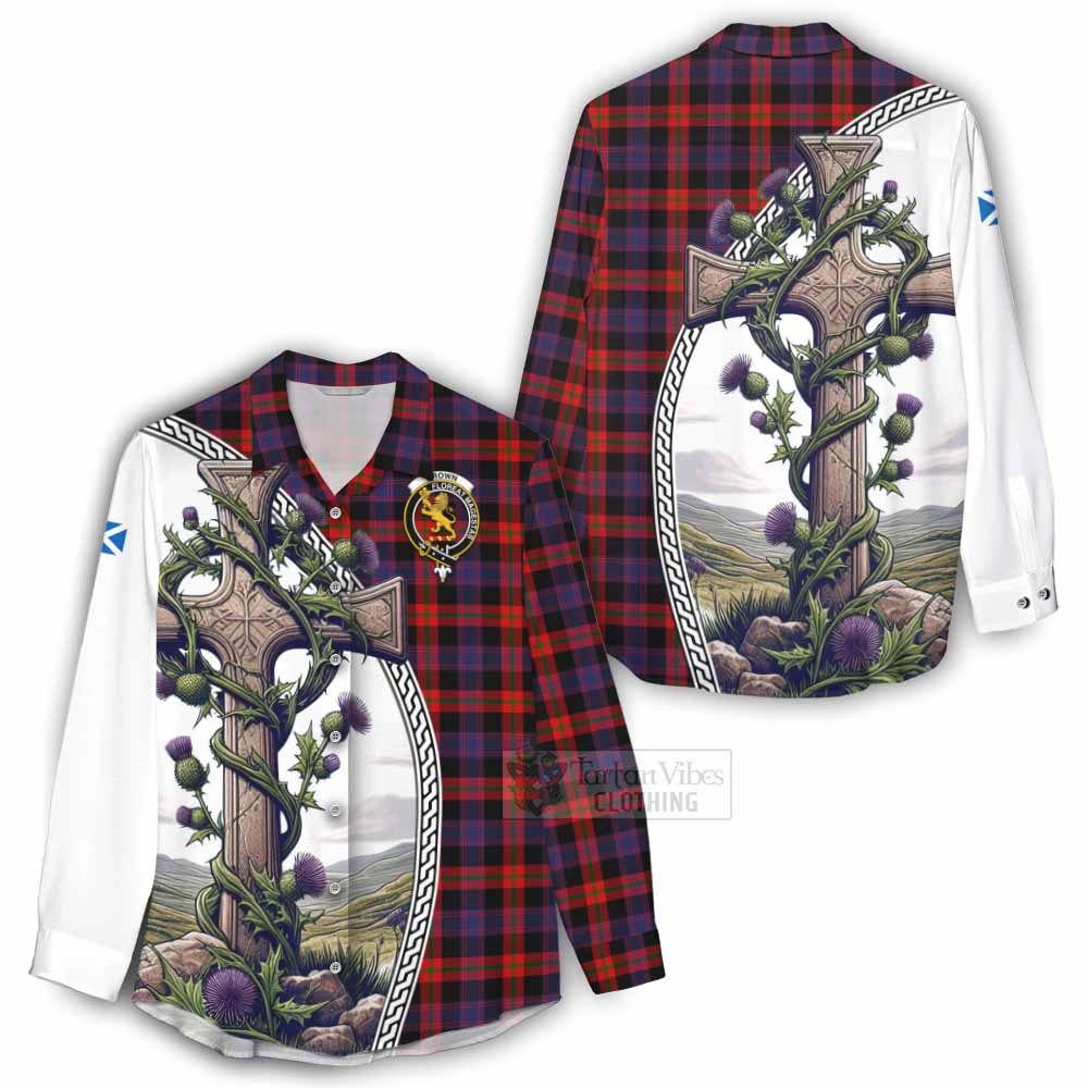 Tartan Vibes Clothing Brown (Broun) Tartan Women's Casual Shirt with Family Crest and St. Andrew's Cross Accented by Thistle Vines