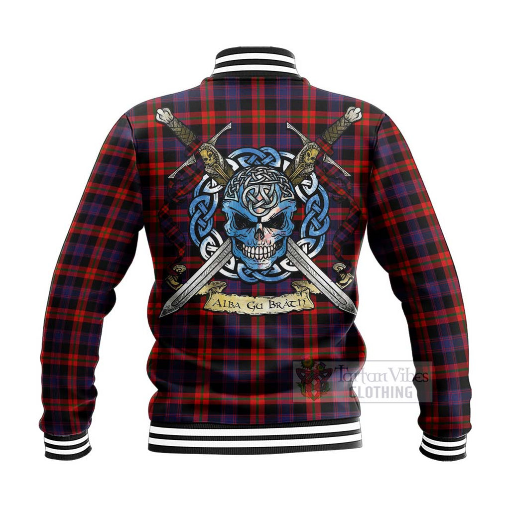 Tartan Vibes Clothing Brown (Broun) Tartan Baseball Jacket with Family Crest Celtic Skull Style