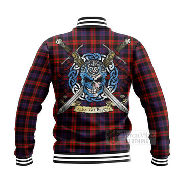 Tartan Vibes Clothing Brown (Broun) Tartan Baseball Jacket with Family Crest Celtic Skull Style