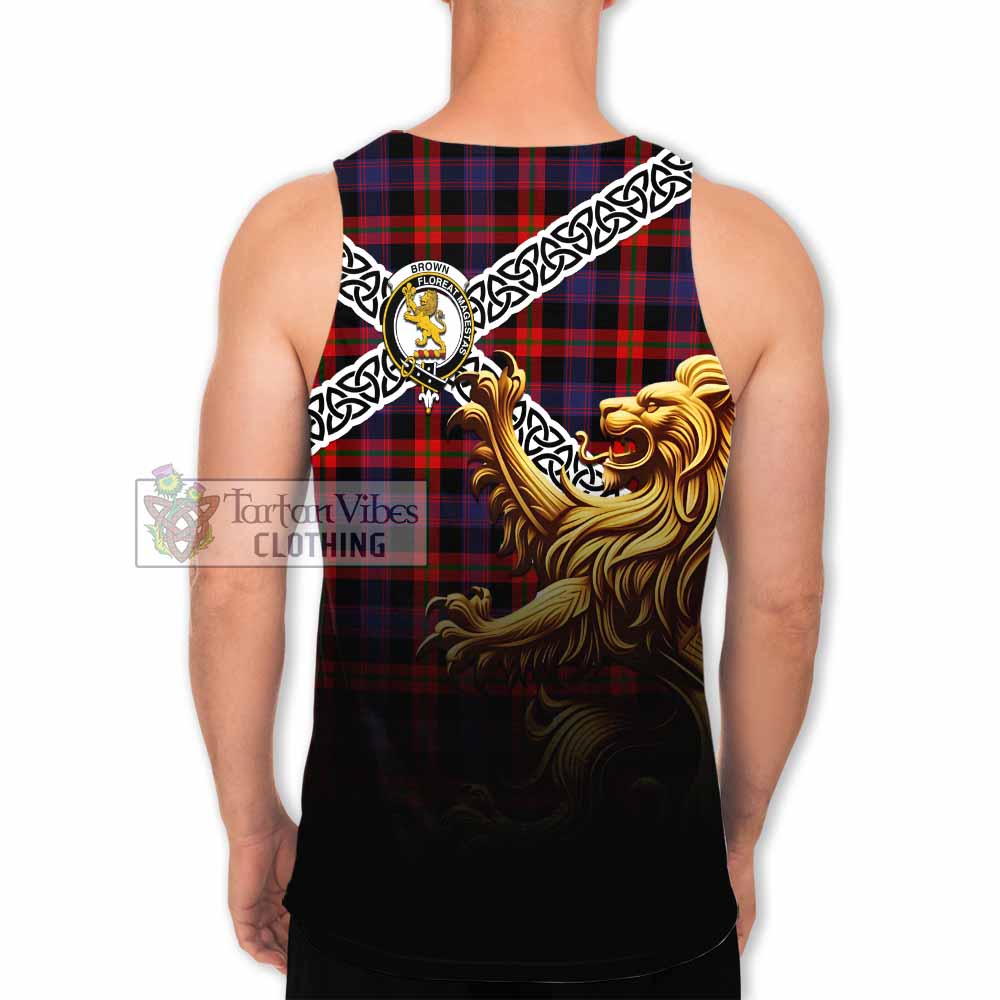 Tartan Vibes Clothing Brown (Broun) Crest Tartan Men's Tank Top with Golden Lion Emblem Celtic Style