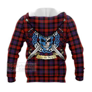 Tartan Vibes Clothing Brown (Broun) Tartan Knitted Hoodie with Family Crest Celtic Skull Style