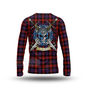 Tartan Vibes Clothing Brown (Broun) Tartan Long Sleeve T-Shirt with Family Crest Celtic Skull Style