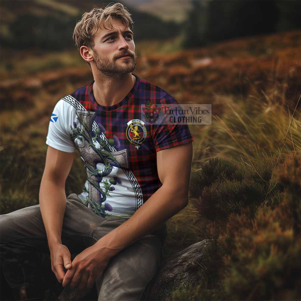 Tartan Vibes Clothing Brown (Broun) Agnew Tartan T-Shirt with Family Crest and St. Andrew's Cross Accented by Thistle Vines