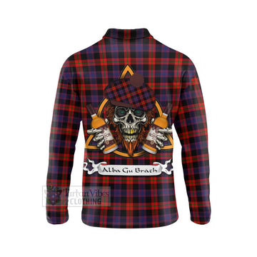 Tartan Vibes Clothing Brown (Broun) Tartan Long Sleeve Polo Shirt with Family Crest and Bearded Skull Holding Bottles of Whiskey