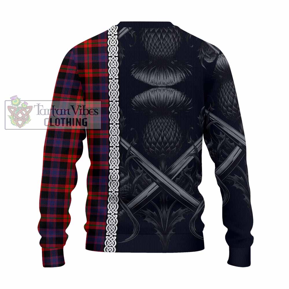 Tartan Vibes Clothing Brown (Broun) Tartan Knitted Sweater with Family Crest Cross Sword Thistle Celtic Vibes