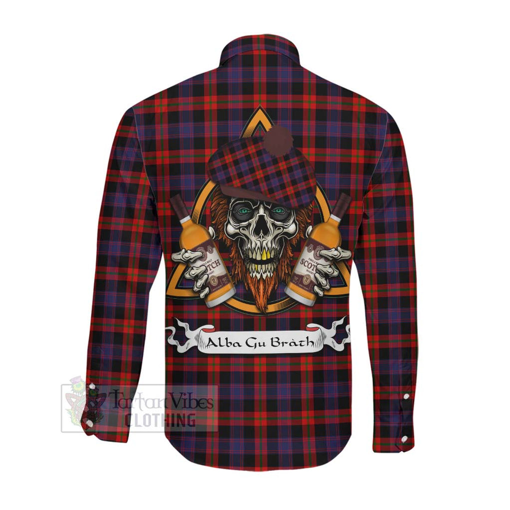 Tartan Vibes Clothing Brown (Broun) Tartan Long Sleeve Button Shirt with Family Crest and Bearded Skull Holding Bottles of Whiskey