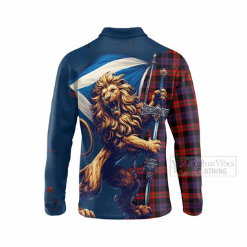 Tartan Vibes Clothing Brown (Broun) Tartan Family Crest Long Sleeve Polo Shirt with Scottish Majestic Lion