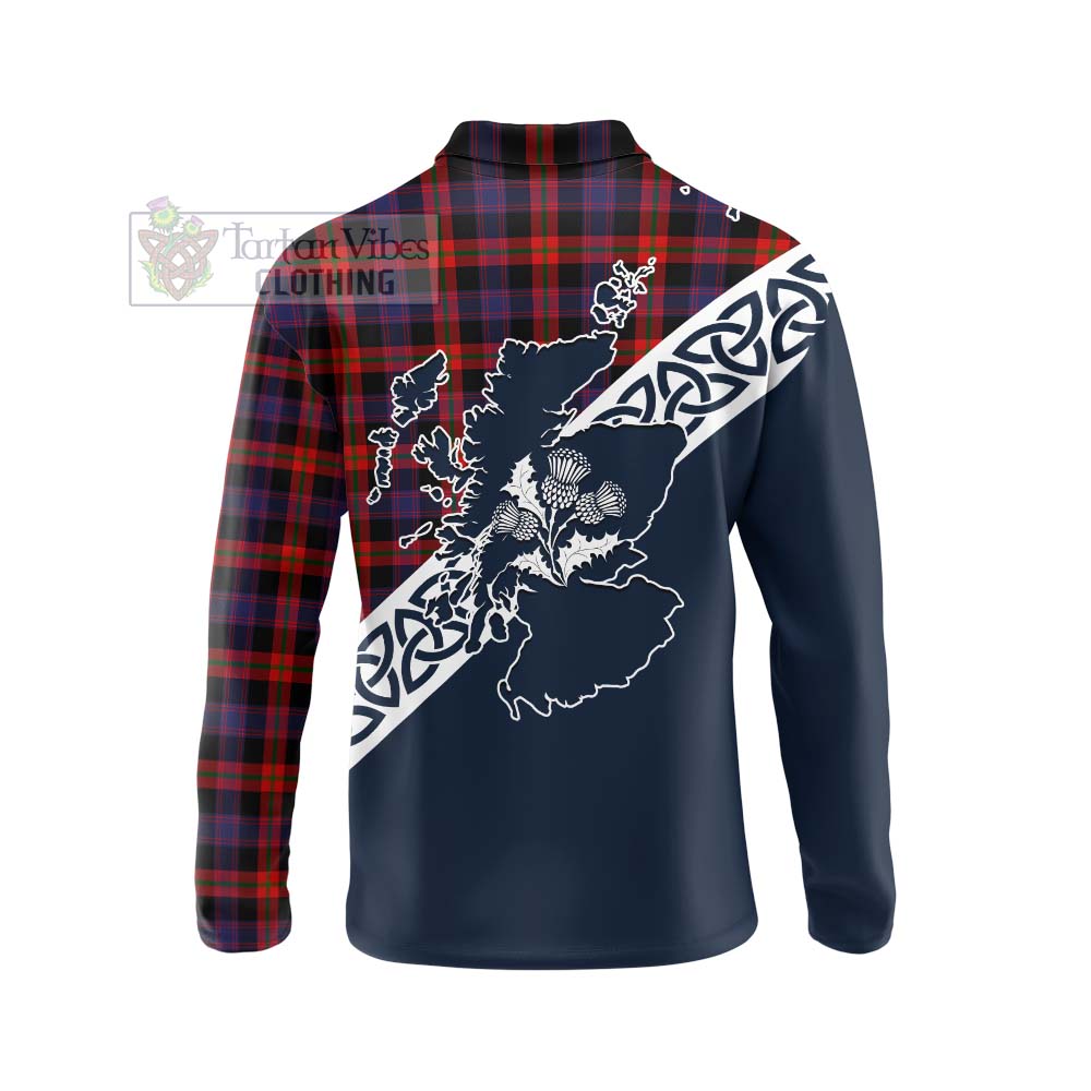Tartan Vibes Clothing Brown (Broun) Tartan Long Sleeve Polo Shirt Featuring Thistle and Scotland Map