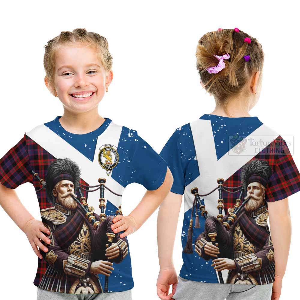 Tartan Vibes Clothing Brown (Broun) Tartan Kid T-Shirt with Family Crest Scottish Bagpiper Vibes
