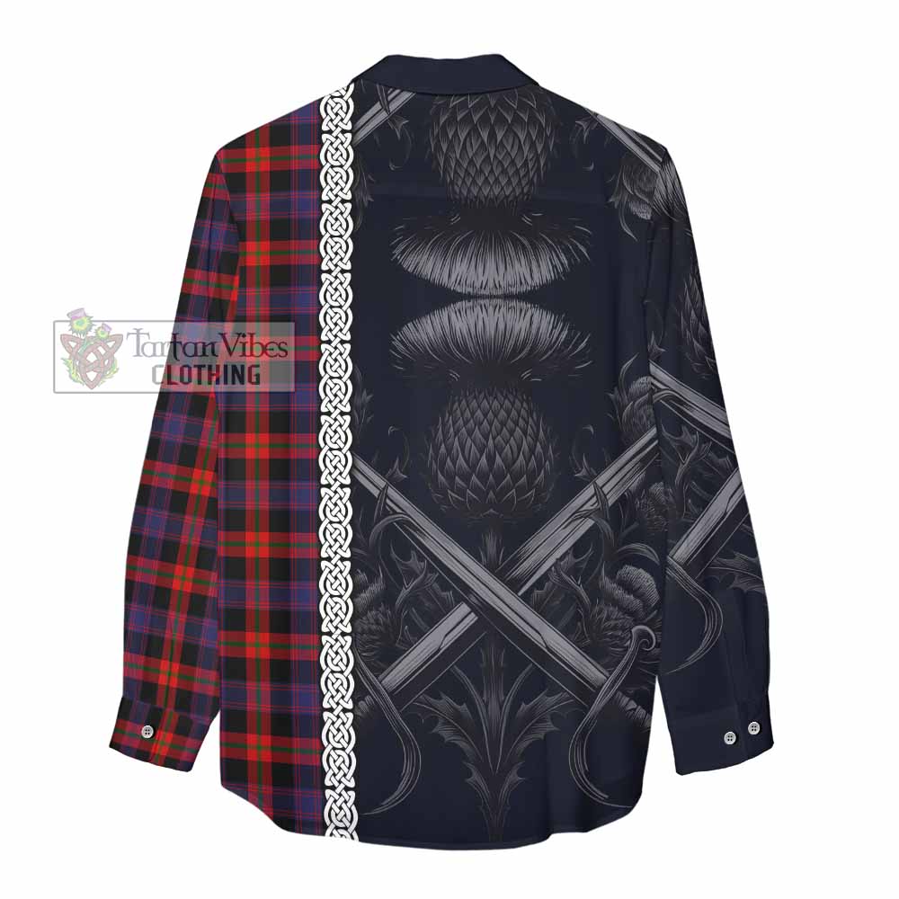 Tartan Vibes Clothing Brown (Broun) Tartan Women's Casual Shirt with Family Crest Cross Sword Thistle Celtic Vibes