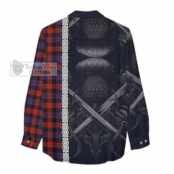 Tartan Vibes Clothing Brown (Broun) Tartan Women's Casual Shirt with Family Crest Cross Sword Thistle Celtic Vibes