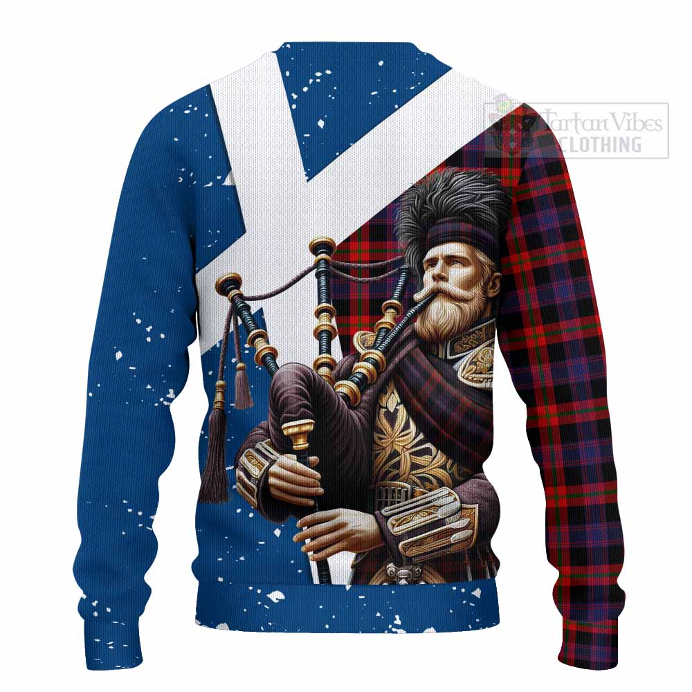 Tartan Vibes Clothing Brown (Broun) Tartan Knitted Sweater with Family Crest Scottish Bagpiper Vibes
