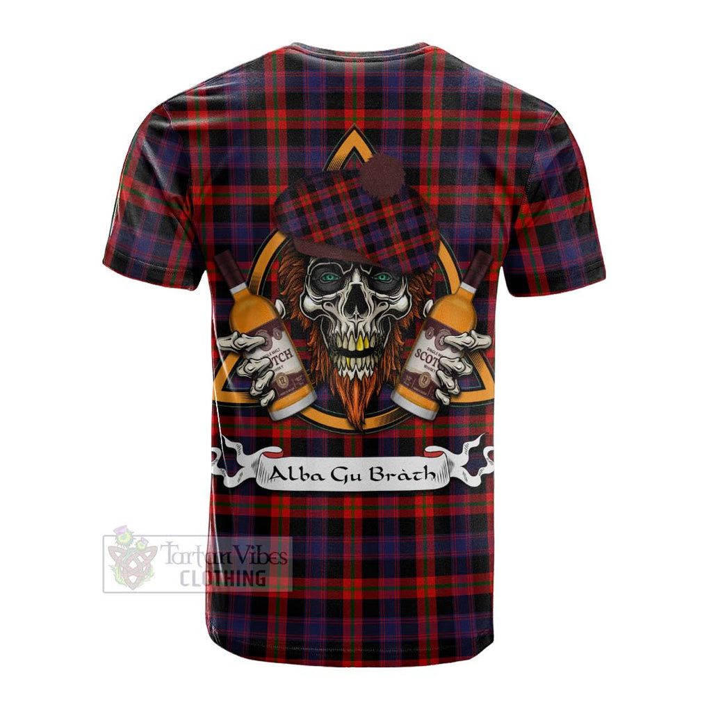 Tartan Vibes Clothing Brown (Broun) Tartan Cotton T-shirt with Family Crest and Bearded Skull Holding Bottles of Whiskey