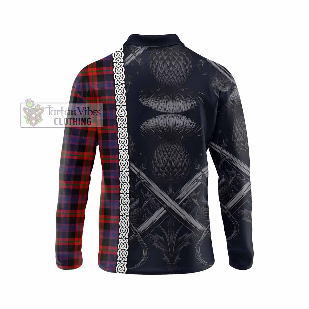 Tartan Vibes Clothing Brown (Broun) Tartan Long Sleeve Polo Shirt with Family Crest Cross Sword Thistle Celtic Vibes