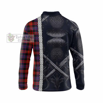 Tartan Vibes Clothing Brown (Broun) Tartan Long Sleeve Polo Shirt with Family Crest Cross Sword Thistle Celtic Vibes