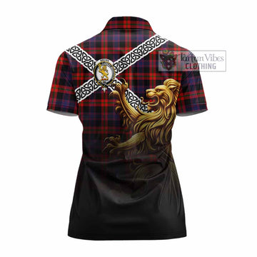Tartan Vibes Clothing Brown (Broun) Crest Tartan Women's Polo Shirt with Golden Lion Emblem Celtic Style