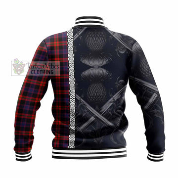 Tartan Vibes Clothing Brown (Broun) Tartan Baseball Jacket with Family Crest Cross Sword Thistle Celtic Vibes