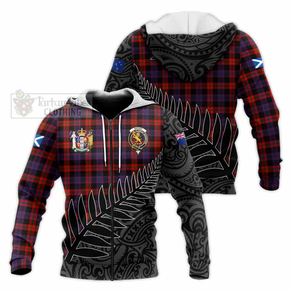 Tartan Vibes Clothing Brown (Broun) Crest Tartan Knitted Hoodie with New Zealand Silver Fern Half Style