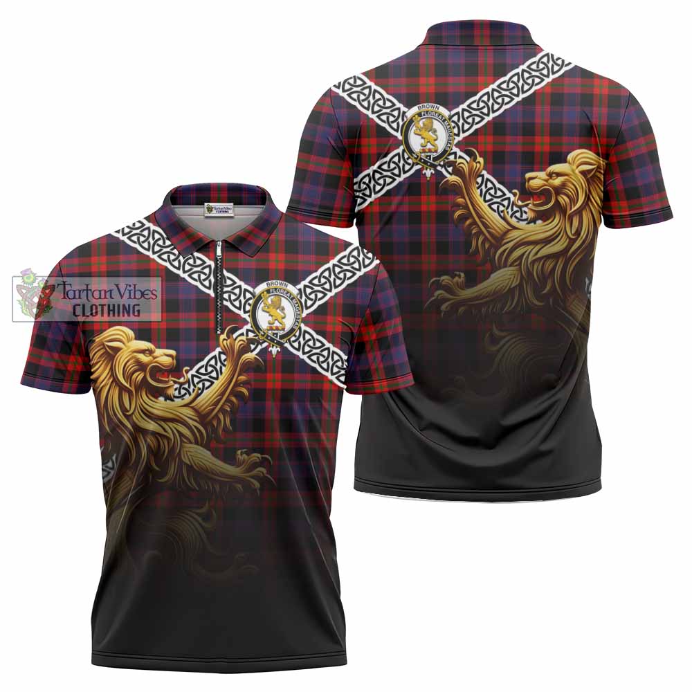 Tartan Vibes Clothing Brown (Broun) Crest Tartan Zipper Polo Shirt with Golden Lion Emblem Celtic Style