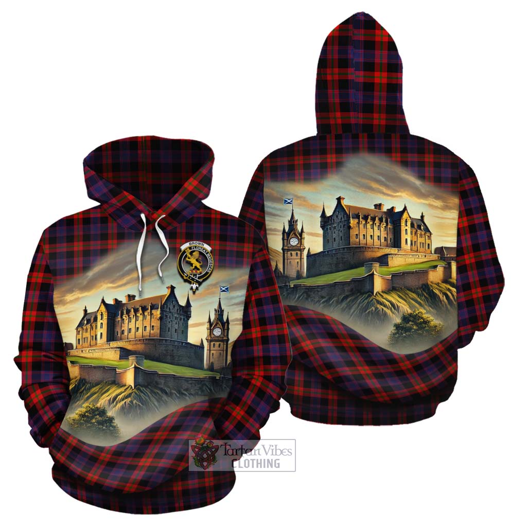 Tartan Vibes Clothing Brown (Broun) Tartan Family Crest Cotton Hoodie with Scottish Ancient Castle Style