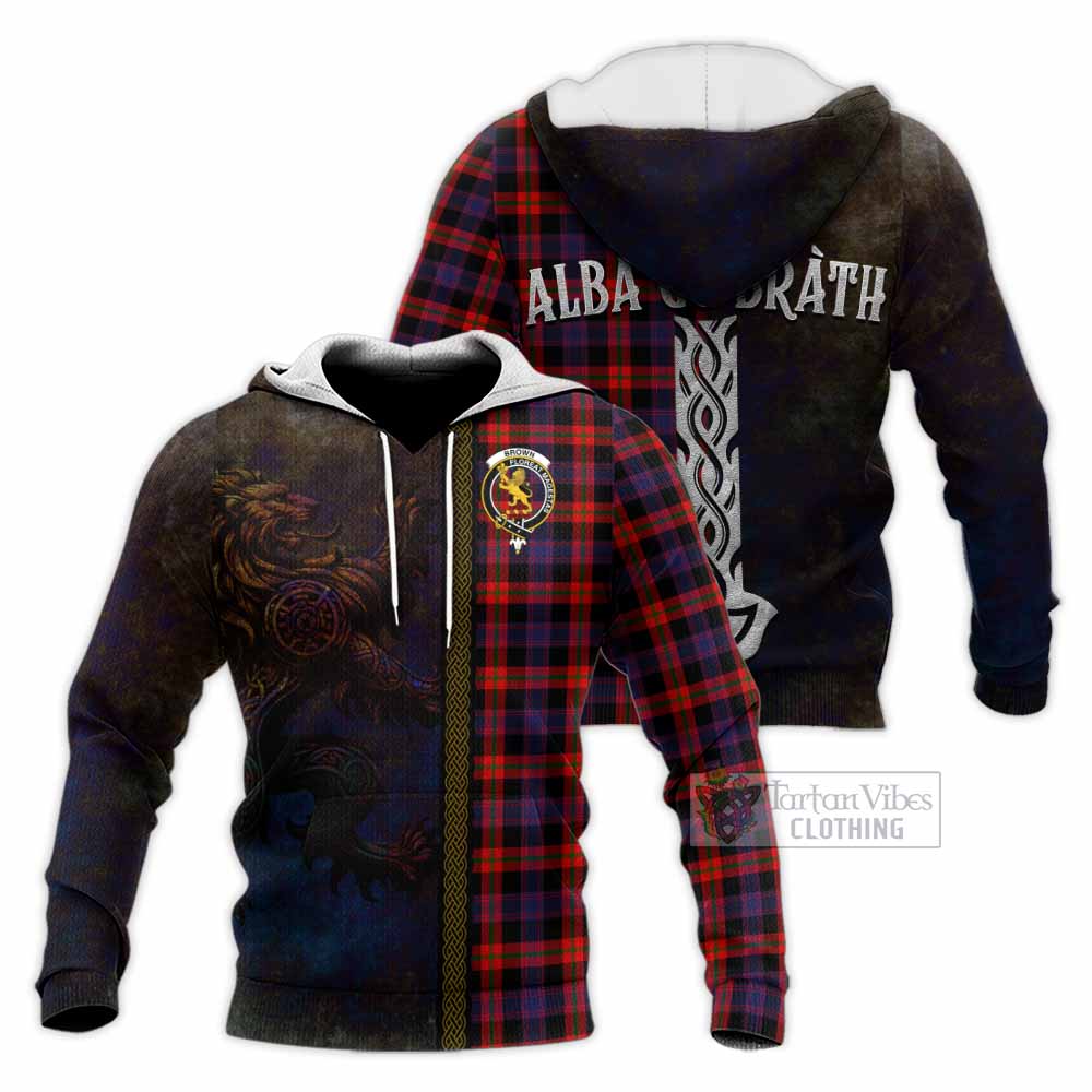 Tartan Vibes Clothing Brown (Broun) Tartan Family Crest Knitted Hoodie Alba Gu Brath Be Brave Lion Ancient Style