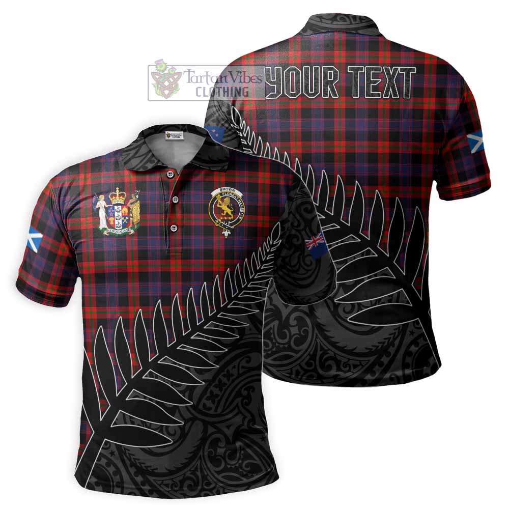 Brown (Broun) Crest Tartan Polo Shirt with New Zealand Silver Fern Half Style