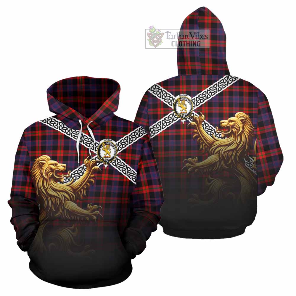 Tartan Vibes Clothing Brown (Broun) Crest Tartan Hoodie with Golden Lion Emblem Celtic Style