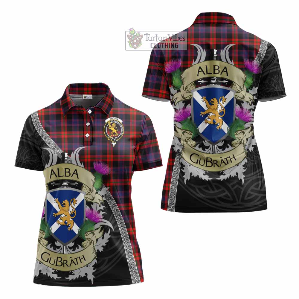 Tartan Vibes Clothing Brown (Broun) Tartan Family Crest Women's Polo Shirt Lion Rampant Royal Thistle Shield Celtic Inspired
