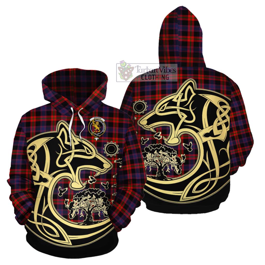 Tartan Vibes Clothing Brown (Broun) Tartan Cotton Hoodie with Family Crest Celtic Wolf Style