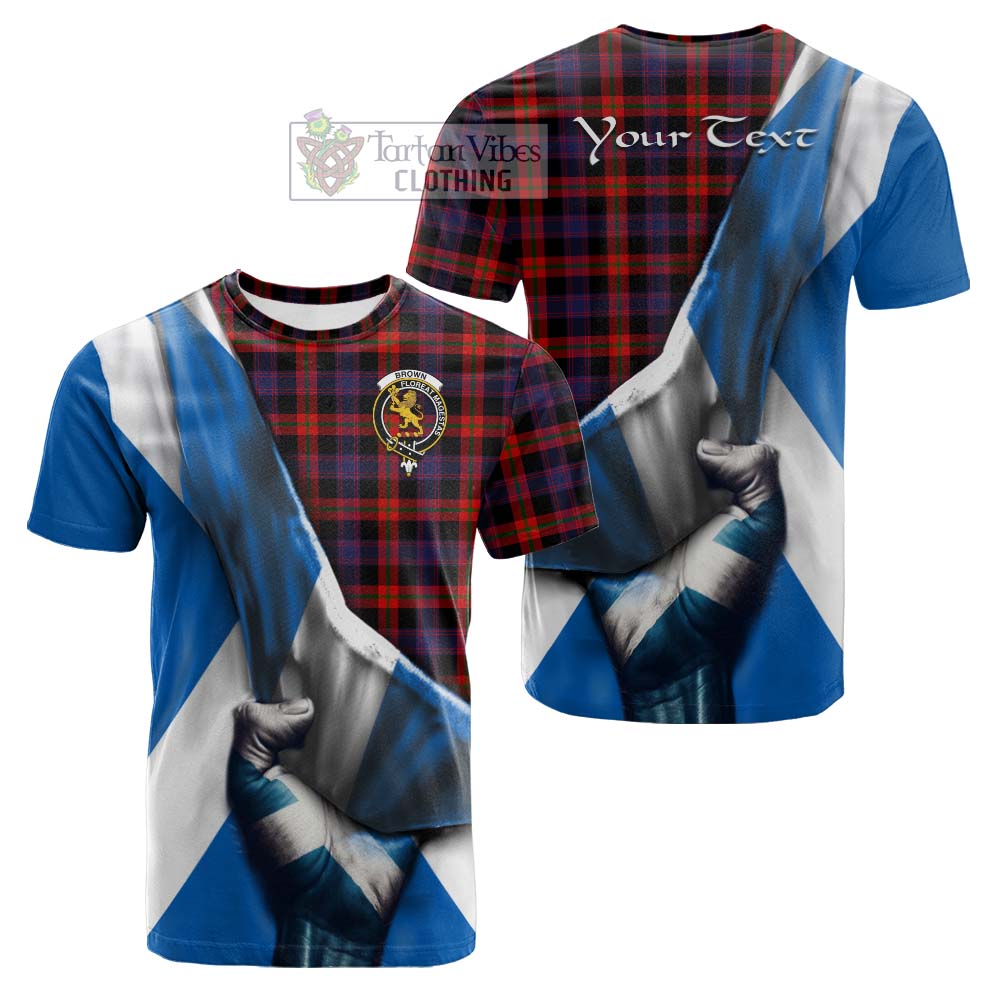 Tartan Vibes Clothing Brown (Broun) Tartan Cotton T-shirt with Family Crest Scotland Patriotic Style