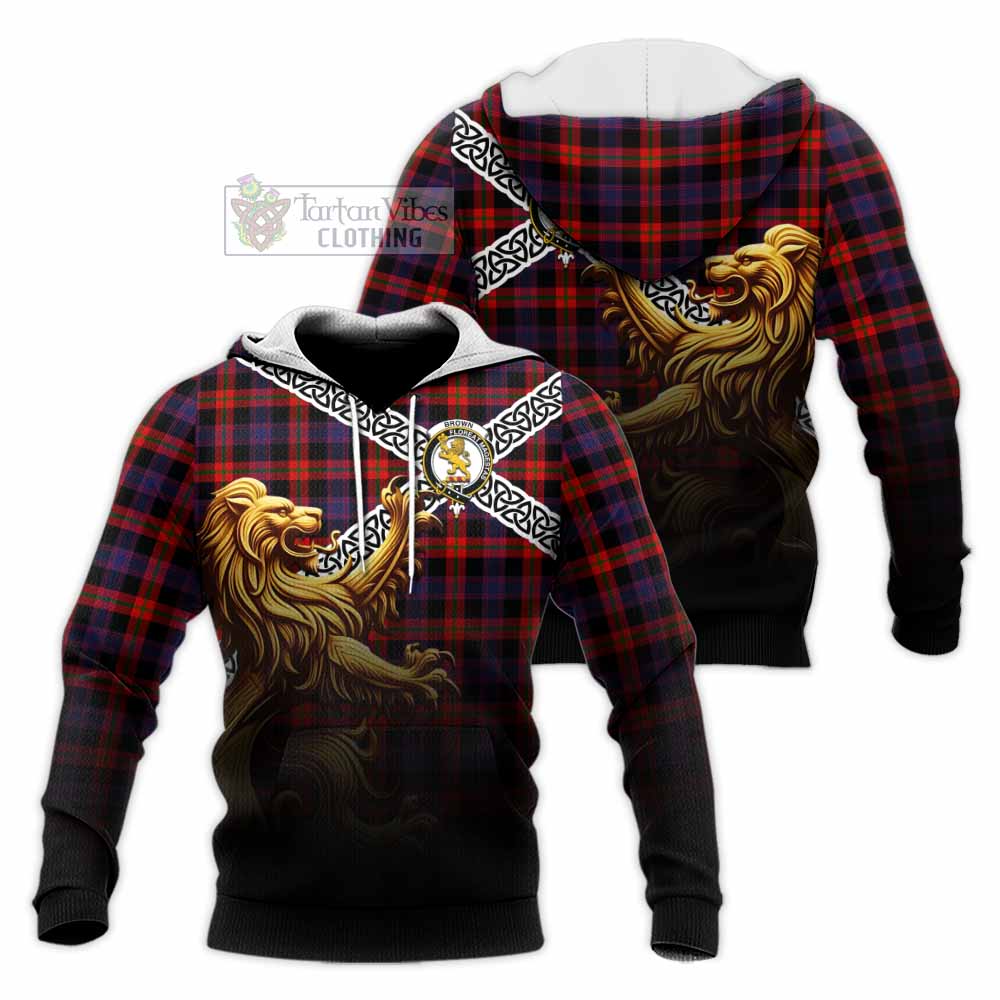 Tartan Vibes Clothing Brown (Broun) Crest Tartan Knitted Hoodie with Golden Lion Emblem Celtic Style