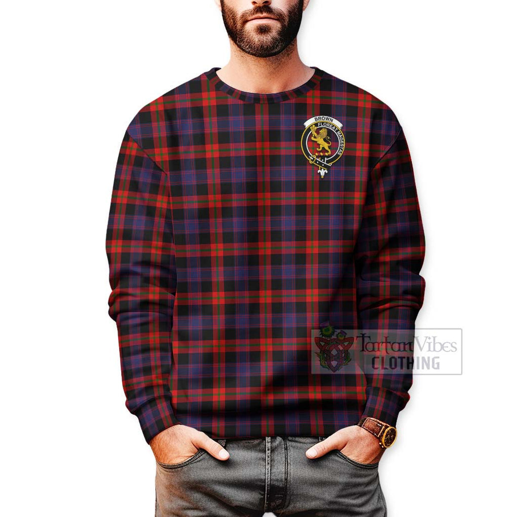 Tartan Vibes Clothing Brown (Broun) Tartan Sweatshirt with Family Crest and Bearded Skull Holding Bottles of Whiskey
