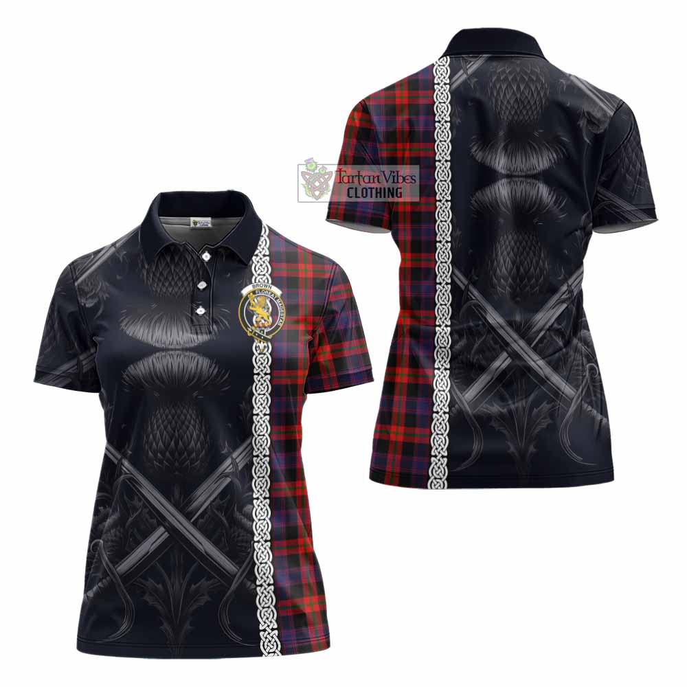 Tartan Vibes Clothing Brown (Broun) Tartan Women's Polo Shirt with Family Crest Cross Sword Thistle Celtic Vibes