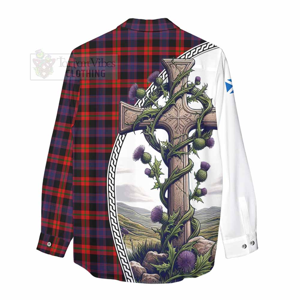 Tartan Vibes Clothing Brown (Broun) Tartan Women's Casual Shirt with Family Crest and St. Andrew's Cross Accented by Thistle Vines