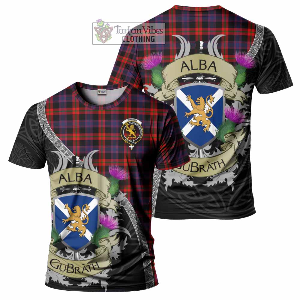 Tartan Vibes Clothing Brown (Broun) Tartan Family Crest T-Shirt Lion Rampant Royal Thistle Shield Celtic Inspired
